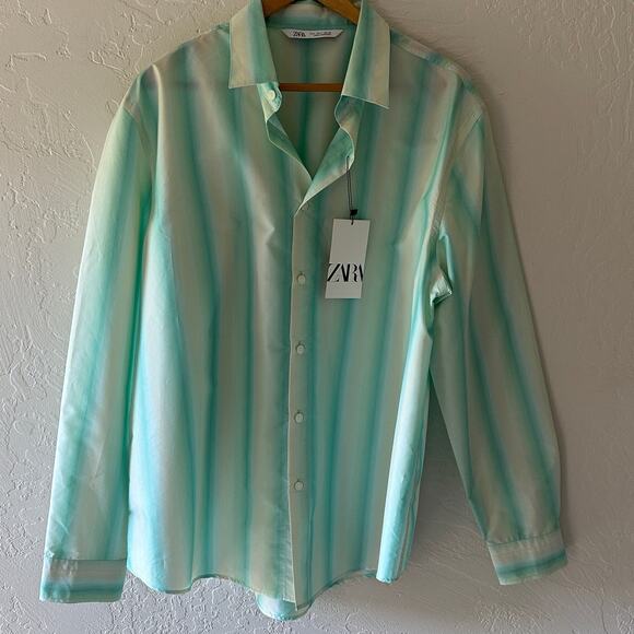 ZARA MEN | Cotton Striped Shirt Water Green NEW Size Large 4309/730/512 Dadcore - Picture 1 of 13